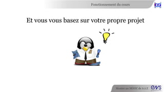 Fonctionnement du cours 
Deux deadlines : 25/11 et 17/12 
Monter un MOOC de A à Z 
 