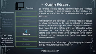 Application
Présentation
Session
Transport
Réseau
Liaison
Physique
Emetteur
Protocole associé : IP
La couche Réseau assure l'acheminement des données
dans le réseau et leur adressage (on leur attribue une
adresse IP). Dans cette couche, les données sont appelées
paquets.
Acheminement des données : la couche Réseau s'occupe
du choix des trajets, de la mise en relation de plusieurs
réseaux, du multiplexage des accès physiques au réseau.
Une route doit être définie entre les différentes entités
traversées, on parle de routage. Le routage peut être
assuré avec circuit virtuel (avec connexion, avec chemin
préétabli) ou par datagramme (sans connexion, sans
chemin préétabli)
Puis on détermine l’adressage logique des paquets, c’est-à-
dire qu’on leur attribue une adresse IP
Couches
Hautes
Traitement de
l’information
Couches
Matérielles
Transmission
de l’information
• Couche Réseau :
 