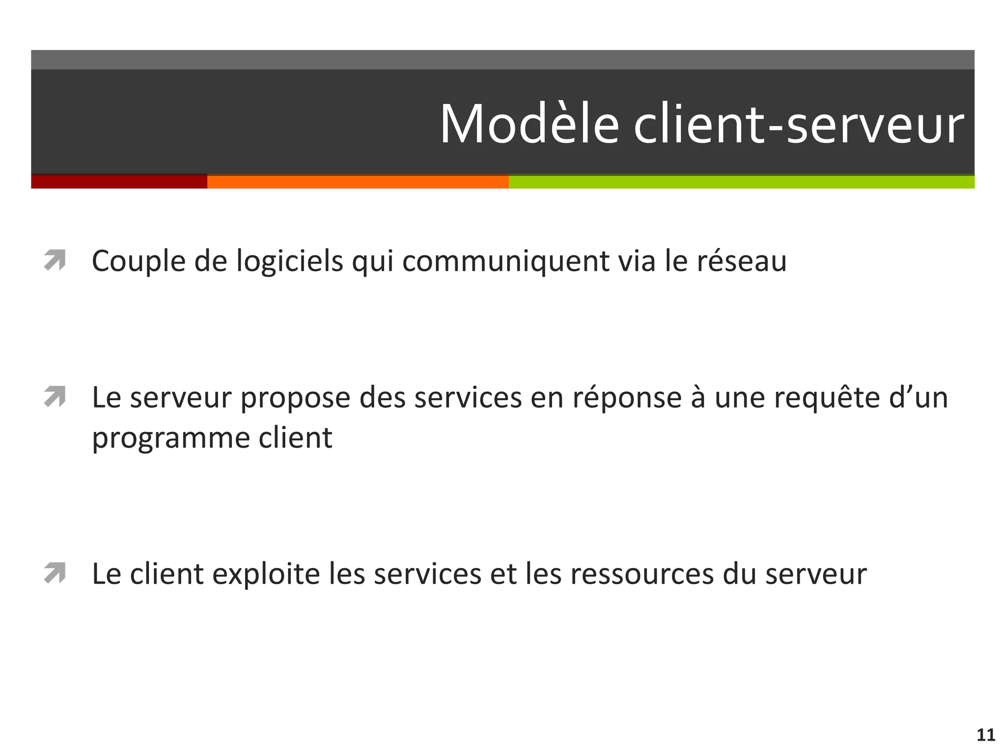 Modèle client-serveur

 Couple de logiciels qui communiquent via le réseau



 Le serveur propose des services en réponse à une requête d’un
   programme client



 Le client exploite les services et les ressources du serveur




                                                                  11
 