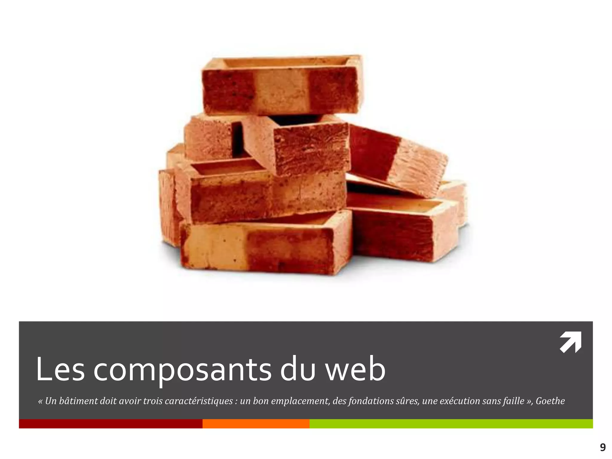 
Les composants du web
« Un bâtiment doit avoir trois caractéristiques : un bon emplacement, des fondations sûres, une exécution sans faille », Goethe



                                                                                                                                  9
 
