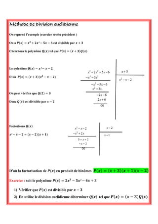 On reprend l’exemple (exercice résolu précédent ) 
On a 푷(풙)=풙ퟑ+ퟐ풙²−ퟓ풙−ퟔ est divisible par 풙+ퟑ 
Cherchons le polynôme 푸(풙) tel que 푷(풙)=(풙+ퟑ)푸(풙) 
Le polynôme 푸(풙)=풙²−풙−ퟐ 
D’où 푷(풙)=(풙+ퟑ)(풙ퟐ−풙−ퟐ) 
On peut vérifier que 푸(ퟐ)=ퟎ 
Donc 푸(풙) est divisible par 풙−ퟐ 
Factorisons 푸(풙) 풙²−풙−ퟐ=(풙−ퟐ)(풙+ퟏ) 
D’où la factorisation de 푷(풙) en produit de binômes 푷(풙)=(풙+ퟑ)(풙+ퟏ)(풙−ퟐ) 
Exercice : soit le polynôme 푷(풙)=ퟐ풙ퟑ−ퟓ풙²−ퟒ풙+ퟑ 
1) Vérifier que 푷(풙) est divisible par 풙−ퟑ 
2) En utilise le division euclidienne déterminer 푸(풙) tel que 푷(풙)=(풙−ퟑ)푸(풙)  