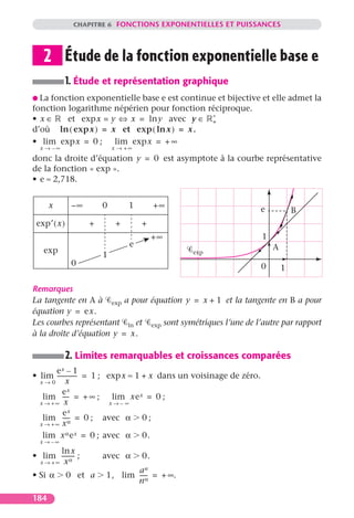CHAPITRE 6 FONCTIONS EXPONENTIELLES ET PUISSANCES




    2 Étude de la fonction exponentielle base e
               1. Étude et représentation graphique
G Lafonction exponentielle base e est continue et bijective et elle admet la
fonction logarithme népérien pour fonction réciproque.
                                             ∗
• x∈     et exp x = y ⇔ x = ln y avec y ∈ +
d’où ln ( exp x ) = x et exp ( ln x ) = x.
• lim exp x = 0 ; lim exp x = + ∞
  x → –∞                     x → +∞
donc la droite d’équation y = 0 est asymptote à la courbe représentative
de la fonction « exp ».
• e ≈ 2,718.


      x         –∞       0        1        +∞                        e           B
 exp′ ( x )          +        +       +
                                           +∞                        1
                                  e                                      A
    exp                                         exp
                         1
                0                                                    0       1

Remarques
La tangente en A à exp a pour équation y = x + 1 et la tangente en B a pour
équation y = ex.
Les courbes représentant ln et exp sont symétriques l’une de l’autre par rapport
à la droite d’équation y = x.

               2. Limites remarquables et croissances comparées
          ex –1
• lim ------------- = 1 ; exp x ≈ 1 + x dans un voisinage de zéro.
                  -
  x→0       x
          ex
   lim ---- = + ∞ ; lim xe x = 0 ;
             -
  x → +∞ x                 x→– ∞
          ex
   lim ----- = 0 ; avec α 0 ;
  x → + ∞ xα

   lim x α e x = 0 ; avec α 0.
  x→–∞
         ln x
• lim --------- ;        avec α       0.
  x → + ∞ xα
                                an
• Si α         0 et a    1, lim ----- = + ∞.
                                    -
                                nα

184
 