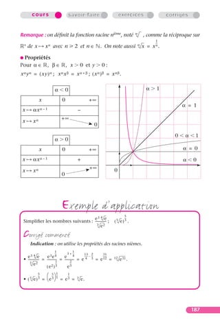 cours                             savoir-faire                           exercices                   corrigés


Remarque : on déﬁnit la fonction racine nième, noté                                       n       , comme la réciproque sur
                                                                                                        1
                                                                                                        --
                                                                                                         -
 +   de x        x n avec n                    2 et n ∈               . On note aussi         n   x = xn .

G Propriétés
Pour α ∈ , β ∈                        , x          0 et y             0:
xα yα   =    ( xy ) α   ;        xα xβ     =   xα + β     ;   ( xα )β   = x αβ .


                            α         0                                                             α   1

             x                    0                       +∞
                                                                                                                    α = 1
 x      αx α – 1                                –
                                  +∞
 x      xα
                                                                  0

                                                                                                                0    α    1
                            α         0
             x                    0                       +∞                                                        α = 0

 x      αx α – 1                                +                                                                   α    0
                                                          +∞
 x      xα                                                                  0
                                  0




                                  exemple d’application
                                  e3 4 e
                                                                                    5
                                                                                    --
                                                                                     -
 Simpliﬁer les nombres suivants : -------------- ;                          (5 e)3 .
                                    3 2
                                         e

 corrigé commenté
      Indication : on utilise les propriétés des racines nièmes.
                            1             1
                            --
                             -        3 + --
                                           -         13       2        31
   e3 4 e            e3 e4         e 4            ------ – --
                                                            - ------
                                                                            12
 • -------------- = ------------ = ----------- = e 4 3 = e 12 =
                               1
                                -         2
                                             -                                   e 31 .
     3 2
          e                    --
                                -         --
                                           -
                    ( e2 )3           e3
           5
           --
            -   5 1
                   -- --
                    - -
                            1
                            --
                             -
 • ( 5 e ) 3 =  e 3 5 = e 3 =                3    e.




                                                                                                                         187
 