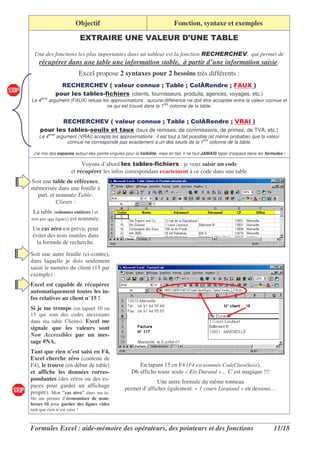 Objectif                                            Fonction, syntaxe et exemples

                            >D98<9               E:         @8A E9                 5
                                                                                   E:          D8?A

 Une des fonctions les plus importantes dans un tableur est la fonction                                           , qui permet de
    récupérer dans une table une information stable, à partir d’une information saisie.
                         Excel propose 2 syntaxes pour 2 besoins très différents :
              9  F 9 F @     ,0 ) 0             D ,         ), G9 /          &8E>
            3)0 , * . , * 1 - * (clients, fournisseurs, produits, agences, voyages, etc.)
Le 4ème argument (FAUX) refuse les approximations : aucune différence ne doit être acceptée entre la valeur connue et
                                 ce qui est trouvé dans la 1ère colonne de la table.


          9   F 9 F @     ,0 ) 0          D ,         ),
                                                       G9 /           @98<
    3)0 , * . , * * 0 , .. 0+ (taux de remises, de commissions, de primes, de TVA, etc.)
                      *
    Le 4ème argument (VRAI) accepte les approximations : il est tout à fait possible (et même probable) que la valeur
                                                                                  ère
                connue ne corresponde pas exactement à un des seuils de la 1 colonne de la table.

 J’ai mis des espaces autour des points-virgules pour la lisibilité, mais en fait, il ne faut JAMAIS taper d’espace dans les formules !

                          Voyons d’abord , * . , * 1 - * : je veux saisir un code
                     et récupérer les infos correspondant exactement à ce code dans une table
Soit une table de référence,
mémorisée dans une feuille à
  part, et nommée Table-
           Clients :
 La table (colonnes entières ! et
non pas qqs lignes) est nommée.

Un cas zéro est prévu, pour
éviter des tests inutiles dans
  la formule de recherche.

Soit une autre feuille (ci-contre),
dans laquelle je dois seulement
saisir le numéro du client (15 par
exemple) :
Excel est capable de récupérer
automatiquement toutes les in-
fos relatives au client n°15 !
Si je me trompe (en tapant 10 ou
13 qui sont des codes inexistants
dans ma table Clients), Excel me
signale que les valeurs sont
Non Accessibles par un mes-
sage #NA.
Tant que rien n’est saisi en F4,
Excel cherche zéro (contenu de
F4), le trouve (en début de table)                      En tapant 15 en F4 (F4 est nommée CodeClientSaisi),
et affiche les données corres-                       D6 affiche toute seule « Ets Durand »… C’est magique !!!
pondantes (des zéros ou des es-                                Une autre formule du même tonneau
paces pour garder un affichage                   permet d’afficher également « 1 cours Lieutaud » en dessous…
propre). Mon "cas zéro" dans ma ta-
ble me permet d’économiser de nom-
breux SI pour garder des lignes vides
tant que rien n’est saisi !


Formules Excel : aide-mémoire des opérateurs, des pointeurs et des fonctions                                                     11/18
 