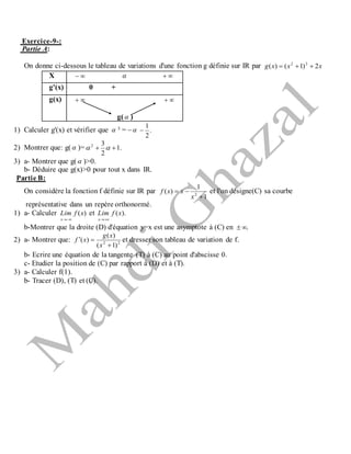 Exercice-9-:
Partie A:
On donne ci-dessous le tableau de variations d'une fonction g définie sur IR par xxxg 2)1()( 22

X   
g'(x)– 0 +
g(x)  
g( )
1) Calculer g'(x) et vérifier que  3 = – .
2
1

2) Montrer que: g( )= .1
2
32
 
3) a- Montrer que g( )>0.
b- Déduire que g(x)>0 pour tout x dans IR.
Partie B:
On considère la fonction f définie sur IR par
1
1
)( 2


x
xxf et l'on désigne(C) sa courbe
représentative dans un repère orthonormé.
1) a- Calculer )(xfLim
x 
et ).(xfLim
x 
b-Montrer que la droite (D) d'équation y=x est une asymptote à (C) en .
2) a- Montrer que: 22
)1(
)(
)(


x
xg
xf et dresser son tableau de variation de f.
b- Ecrire une équation de la tangente (T) à (C) au point d'abscisse 0.
c- Etudier la position de (C) par rapport à (D) et à (T).
3) a- Calculer f(1).
b- Tracer (D), (T) et (C).
 