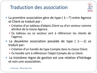 Traduction des association
 La première association gère de type ( 1---*) entre Agence
et Client se traduit par :
 Création d’un tableau d’objets Client ou d’un vecteur comme
attribut de la classe Agence.
 Ce tableau ou ce vecteur sert à référencer les clients de
l’agence.
 La deuxième association possède de type ( 1----1) se
traduit par:
 Création d’un handle de type Compte dans la classe Client.
 Ce handle sert à référencer l’objet Compte de ce client.
 La troisième règne de gestion est une relation d’héritage
et non une association.
Animé par : Mme Ouaz Ines
 