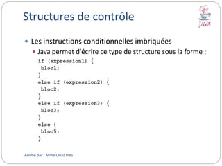 Structures de contrôle
 Les instructions conditionnelles imbriquées
 Java permet d'écrire ce type de structure sous la forme :
Animé par : Mme Ouaz Ines
 