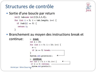 Structures de contrôle
 Sortie d'une boucle par return
 Branchement au moyen des instructions break et
continue:
Animé par : Mme Ouaz Ines
 