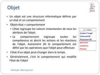 Objet
 Un objet est une structure informatique définie par
un état et un comportement
 Objet=état + comportement
 L’état regroupe les valeurs instantanées de tous les
attributs de l’objet.
 Le comportement regroupe toutes les
compétences et décrit les actions et les réactions
de l’objet. Autrement dit le comportement est
défini par les opérations que l’objet peut effectuer.
 L’état d’un objet peut changer dans le temps.
 Généralement, c’est le comportement qui modifie
l’état de l’objet
Animé par : Mme Ouaz Ines
 