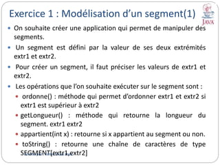 Exercice 1 : Modélisation d’un segment(1)
 On souhaite créer une application qui permet de manipuler des
segments.
 Un segment est défini par la valeur de ses deux extrémités
extr1 et extr2.
 Pour créer un segment, il faut préciser les valeurs de extr1 et
extr2.
 Les opérations que l’on souhaite exécuter sur le segment sont :
 ordonne() : méthode qui permet d’ordonner extr1 et extr2 si
extr1 est supérieur à extr2
 getLongueur() : méthode qui retourne la longueur du
segment. extr1 extr2
 appartient(int x) : retourne si x appartient au segment ou non.
 toString() : retourne une chaîne de caractères de type
SEGMENT[extr1,extr2]Animé par : Mme Ouaz Ines
 