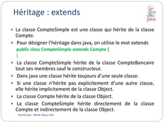 Héritage : extends
 La classe CompteSimple est une classe qui hérite de la classe
Compte.
 Pour désigner l’héritage dans java, on utilise le mot extends
public class CompteSimple extends Compte {
}
 La classe CompteSimple hérite de la classe CompteBancaire
tout ses membres sauf le constructeur.
 Dans java une classe hérite toujours d’une seule classe.
 Si une classe n’hérite pas explicitement d’une autre classe,
elle hérite implicitement de la classe Object.
 La classe Compte hérite de la classe Object.
 La classe CompteSimple hérite directement de la classe
Compte et indirectement de la classe Object.
Animé par : Mme Ouaz Ines
 