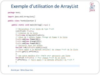 Exemple d’utilisation de ArrayList
Animé par : Mme Ouaz Ines
 