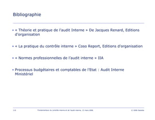 116 Fondamentaux du contrôle interne et de l’audit interne, 15 mars 2006 © 2006 Deloitte
Bibliographie
• « Théorie et pratique de l’audit Interne » De Jacques Renard, Editions
d’organisation
• « La pratique du contrôle interne » Coso Report, Editions d’organisation
• « Normes professionnelles de l’audit interne » IIA
• Processus budgétaires et comptables de l’Etat : Audit Interne
Ministériel
 