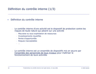 18 Fondamentaux du contrôle interne et de l’audit interne, 15 mars 2006 © 2006 Deloitte
Définition du contrôle interne (1/3)
• Définition du contrôle interne
– Le contrôle interne d’une activité est le dispositif de protection contre les
risques de toute nature qui pèsent sur une activité
– Mauvaise ou sous exploitation de ressources
– Investissements injustifiés
– Pertes d’opportunités
– Risques inacceptables
– …
– Le contrôle interne est un ensemble de dispositifs mis en œuvre par
l'ensemble des personnels de tous niveaux pour maîtriser le
fonctionnement de leurs activités
 
