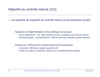 22 Fondamentaux du contrôle interne et de l’audit interne, 15 mars 2006 © 2006 Deloitte
Objectifs du contrôle interne (2/2)
• Les objectifs du dispositif de contrôle interne d’une entreprise (suite)
– Respecter la réglementation et les politiques du groupe
– lois et règlements : LSF, NRE, Sarbanes Oxley, protection de l’environnement…
– politique groupe : investissements, maîtrise des frais impayés, qualité, éthique…
– Promouvoir l'efficacité du fonctionnement de l'entreprise
– maximiser l’efficience (rapport qualité/coût)
– limiter les coûts et le délai de réponse aux changements de situation
 