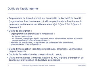 57 Fondamentaux du contrôle interne et de l’audit interne, 15 mars 2006 © 2006 Deloitte
Outils de l’audit interne
• Programmes de travail portant sur l’ensemble de l’activité de l’entité
(organisation, fonctionnement,..), décomposition de la fonction ou du
processus audité en tâches élémentaires: Qui ? Quoi ? Où ? Quand ?
Comment ?
• Outils de description :
– Organigrammes hiérarchiques et fonctionnels :
– En lignes : les fonctions
– En colonnes :catégories d’agents concernés, textes de références, relation au sein du
service, application informatiques utilisées,…;
– Manuels de procédures, Diagrammes de circulation des documents
questionnaires d’auto-évaluation
• Outils d’interrogation :sondages statistiques, entretiens, vérifications,
rapprochements
• Outils de formalisation des travaux d’audit : swot, …
• Outils informatiques : intranet, gestion du KM, logiciels d’extraction de
données et d’évaluation et d’analyse des risques
 