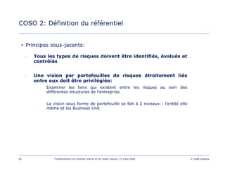 82 Fondamentaux du contrôle interne et de l’audit interne, 15 mars 2006 © 2006 Deloitte
• Principes sous-jacents:
– Tous les types de risques doivent être identifiés, évalués et
contrôlés
– Une vision par portefeuilles de risques étroitement liés
entre eux doit être privilégiée:
– Examiner les liens qui existent entre les risques au sein des
différentes structures de l’entreprise
– La vision sous forme de portefeuille se fait à 2 niveaux : l’entité elle
même et les Business Unit
COSO 2: Définition du référentiel
 