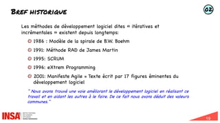 19
Bref historique
Les méthodes de développement logiciel dites « itératives et
incrémentales » existent depuis longtemps:
1986 : Modèle de la spirale de B.W. Boehm
1991: Méthode RAD de James Martin
1995: SCRUM
1996: eXtrem Programming
2001: Manifeste Agile = Texte écrit par 17 figures éminentes du
développement logiciel
" Nous avons trouvé une voie améliorant le développement logiciel en réalisant ce
travail et en aidant les autres à le faire. De ce fait nous avons déduit des valeurs
communes."
02
 
