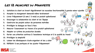 23
Les 12 principes du Manifeste
1. Satisfaire le client en livrant régulièrement de nouvelles fonctionnalités à grande valeur ajoutée
2. Accepter le changement demandé même tardivement
3. Livrer fréquemment (2 sem./ 2 mois) un produit opérationnel
4. Encourager la collaboration du client et de l’équipe
5. Construire les projets autour de personnes motivées
6. Privilégier le dialogue en face à face
7. Mesurer l’avancement au travers d’un produit opérationnel
8. Adopter un rythme de production durable
9. Porter une attention continue à l'excellence technique et à la qualité du travail
10. Privilégier la simplicité
11. Laisser les développeurs s'auto-organiser et les y aider
12. Réfléchir à ses pratiques et les ajuster fréquemment
1
2
3
4
5
7
6
9
10
11
12
8
02
 