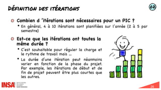 26
Définition des itérations
Combien d ’itérations sont nécessaires pour un PIC ?
• En général, 4 à 10 itérations sont planifiées sur l’année (2 à 5 par
semestre)
Est-ce que les itérations ont toutes la
même durée ?
• C’est souhaitable pour réguler la charge et
le rythme de travail mais …
• La durée d’une itération peut néanmoins
varier en fonction de la phase du projet.
Par exemple, les itérations de début et de
fin de projet peuvent être plus courtes que
les autres.
02
 