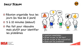 50
Daily Scrum
Réunion organisée tous les
jours (ou tous les 2 jours)
5 à 10 minutes (debout)
Pas fait pour résoudre
mais plutôt pour identifier
les problèmes
3 questions essentielles :
• Qu’est ce que j’ai fait hier?
• Qu’est ce que je fais aujourd’hui?
• Quels sont les problèmes?
05
???
 