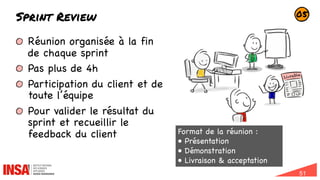 51
Sprint Review
Réunion organisée à la fin
de chaque sprint
Pas plus de 4h
Participation du client et de
toute l’équipe
Pour valider le résultat du
sprint et recueillir le
feedback du client
05
Format de la réunion :
• Présentation
• Démonstration
• Livraison & acceptation
Livrable
 
