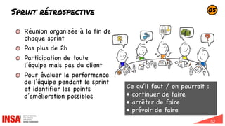 52
Sprint rétrospective
Réunion organisée à la fin de
chaque sprint
Pas plus de 2h
Participation de toute
l’équipe mais pas du client
Pour évaluer la performance
de l’équipe pendant le sprint
et identifier les points
d’amélioration possibles
Ce qu’il faut / on pourrait :
• continuer de faire
• arrêter de faire
• prévoir de faire
05
 