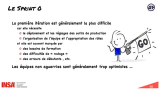 66
Le Sprint 0
La première itération est généralement la plus difficile
car elle nécessite
le déploiement et les réglages des outils de production
l’organisation de l’équipe et l’appropriation des rôles
et elle est souvent marquée par
des besoins de formation
des difficultés de « rodage »
des erreurs de débutants , etc.
Les équipes non aguerries sont généralement trop optimistes ...
07
 