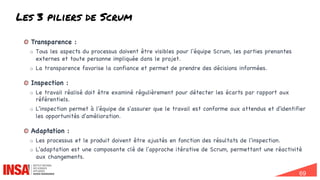 69
Les 3 piliers de Scrum
Transparence :
o Tous les aspects du processus doivent être visibles pour l'équipe Scrum, les parties prenantes
externes et toute personne impliquée dans le projet.
o La transparence favorise la confiance et permet de prendre des décisions informées.
Inspection :
o Le travail réalisé doit être examiné régulièrement pour détecter les écarts par rapport aux
référentiels.
o L'inspection permet à l'équipe de s'assurer que le travail est conforme aux attendus et d'identifier
les opportunités d'amélioration.
Adaptation :
o Les processus et le produit doivent être ajustés en fonction des résultats de l'inspection.
o L'adaptation est une composante clé de l'approche itérative de Scrum, permettant une réactivité
aux changements.
 