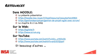 70
Ressources
Dans MOODLE:
La présente présentation
https:/
/moodle.insa-rouen.fr/mod/resource/view.php?id=69821
https:/
/gestiondeprojet.pm/gestion-de-projet-agile-avec-scrum/
Le chapitre 8.1.3 du RAQ
Sur le Web:
https:/
/agiliste.fr
https:/
/www.scrum.org
Sur YouTube:
https:/
/www.youtube.com/watch?v=kZx_vrMZxGk
https:/
/www.youtube.com/watch?v=anZcEIQlpoY
Et beaucoup d’autres …
 