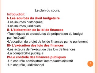 2
Le plan du cours:
Introduction:
I- Les sources du droit budgétaire
-Les sources historiques;
-Les sources juridiques.
II- L’élaboration de la loi de finances
-Techniques et procédures de préparation du budget
par l’exécutif
-L’adoption du projet de loi de finances par le parlement
III- L’exécution des lois des finances
-Les acteurs de l’exécution des lois de finances
-La comptabilité publique
IV-Le contrôle des finances publiques
-Un contrôle administratif interne/administratif
-Un contrôle juridictionnel
 