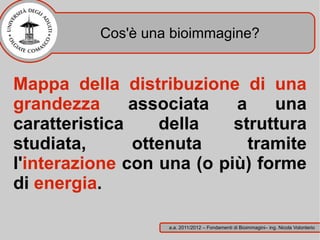 Cos'è una bioimmagine?


Mappa della distribuzione di una
grandezza      associata   a    una
caratteristica    della    struttura
studiata,      ottenuta      tramite
l'interazione con una (o più) forme
di energia.

                   a.a. 2011/2012 – Fondamenti di Bioimmagini– ing. Nicola Volonterio
 