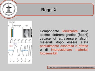 Raggi X



Componente ionizzante dello
spettro elettromagnetico (fotoni)
capace di attraversare alcuni
materiali dopo essere stata
parzialmente assorbita o rifratta
e di impressionare materiali
fotosensibili.



       a.a. 2011/2012 – Fondamenti di Bioimmagini– ing. Nicola Volonterio
 