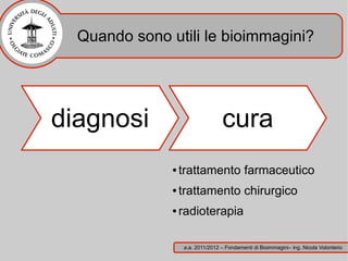 Quando sono utili le bioimmagini?




diagnosi                          cura
               ●   trattamento farmaceutico
               ●   trattamento chirurgico
               ●   radioterapia

                   a.a. 2011/2012 – Fondamenti di Bioimmagini– ing. Nicola Volonterio
 