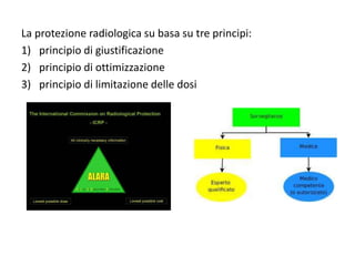 La protezione radiologica su basa su tre principi:
1) principio di giustificazione
2) principio di ottimizzazione
3) principio di limitazione delle dosi
 