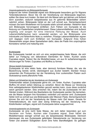 http://www.meincupcake.de - Backzubehör für Cupcakes, Cake Pops, Muffins und Torten 
Anwendungsbereiche von Blütenpaste/Gumpaste 
Aufgrund der hohen Elastizität eignet sich Blütenpaste besonders gut für filigrane 
Tortendekorationen. Bevor Sie mit der Verarbeitung von Blütenpaste beginnen, 
sollten Sie diese kurz kneten. So lässt sich die Masse sehr gut dehnen und äußerst 
dünn ausrollen, wodurch beispielsweise aus ihr geformte Blütenblätter extrem 
natürlich wirken. Blütenpaste härtet an der Luft schnell aus. Dementsprechend 
müssen Sie beim Modellieren mit Gumpaste relativ schnell arbeiten. Weiterhin lässt 
sich Blütenpaste hervorragend einfärben. Zum Färben von Gumpaste ist die 
Nutzung von Pastenfarben empfehlenswert. Diese Lebensmittelfarben sind äußerst 
ergiebig und sorgen für eine intensive Färbung der Masse. Auch 
Lebensmittelfarbpulver kann verwendet werden, um der Blütenpaste eine 
individuelle und farbenfrohe Note zu verleihen. Flüssige Lebensmittelfarben eignen 
sich dagegen nicht zum Einfärben von Gumpaste. Aufgrund ihres hohen 
Wasseranteils sorgen diese Speisefarben dafür, dass die Paste ihre ursprüngliche 
Konsistenz verliert und matschig wird. 
Zuckerpaste 
Bei Zuckerpaste handelt es sich um eine vergleichsweise feste Masse, die sich 
daher zur Fertigung von dekorativen Elementen für Torten, Kuchen sowie 
Cupcakes eignet. Nutzen Sie die Modelliermasse, um aus ihr aufsehenerregende 
Verzierungen für Torten, Cupcakes und Muffins zu formen. 
Woraus besteht Zuckerpaste? 
Zuckerpaste ist eine relativ feste, aber dennoch formbare Masse, die, wie die 
Bezeichnung bereits verrät, überwiegend aus Zucker besteht. Darüber hinaus 
verwenden die Produzenten bei der Herstellung ihrer zuckersüßen Pasten auch 
Glukosesirup sowie pflanzliche Fette. 
Stärken und Schwächen bei der Verarbeitung von Zuckerpaste 
Tortenkünstler setzen Zuckerpaste gerne ein, um Torten, Kuchen, Cupcakes oder 
Muffins mit einem süßen Überzug zu versehen. Bevor die Masse zur Verzierung 
Ihrer selbstgebackenen Köstlichkeiten genutzt werden kann, muss diese zunächst 
weich gemacht werden. Dies erreichen Sie, indem Sie die Zuckerpaste mit den 
Händen kneten. Während des Bearbeitens der Zuckerpaste werden Sie bemerken, 
wie die Masse langsam ihre Konsistenz verändert und weicher wird. Zuckerpaste 
härtet nicht so schnell aus wie Blütenpaste oder Mexican Paste. Dementsprechend 
können Sie sich bei der Verarbeitung der Masse mehr Zeit lassen. Gerade für 
Tortendekorateure, die noch über wenig Erfahrung bei der Verzierung ihrer 
Köstlichkeiten verfügen, eignet sich Zuckerpaste daher ausgezeichnet. 
Anwendungsbereiche von Zuckerpaste 
Zuckerpaste ist eine recht feste Masse, die sich daher besonders gut zum 
Verzieren von Torten, Kuchen oder Cupcakes eignet. Zwar härtet die 
Modelliermasse weniger schnell aus als beispielsweise Blütenpaste. Dennoch 
überzeugen die aus Zuckerpaste gefertigten Dekoelemente zur Verzierung von 
Torten und anderen Süßigkeiten durch eine hohe Standfestigkeit. So gelingen 
http://www.meincupcake.de 
 