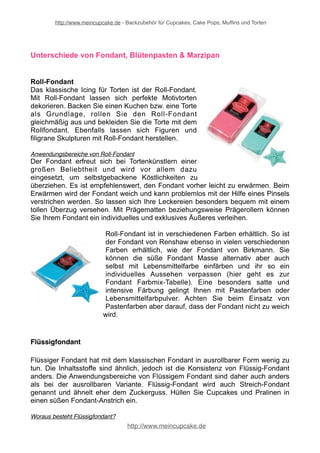 http://www.meincupcake.de - Backzubehör für Cupcakes, Cake Pops, Muffins und Torten 
Unterschiede von Fondant, Blütenpasten & Marzipan 
Roll-Fondant 
Das klassische Icing für Torten ist der Roll-Fondant. 
Mit Roll-Fondant lassen sich perfekte Motivtorten 
dekorieren. Backen Sie einen Kuchen bzw. eine Torte 
als Grundlage, rollen Sie den Roll-Fondant 
gleichmäßig aus und bekleiden Sie die Torte mit dem 
Rollfondant. Ebenfalls lassen sich Figuren und 
filigrane Skulpturen mit Roll-Fondant herstellen. 
Anwendungsbereiche von Roll-Fondant 
Der Fondant erfreut sich bei Tortenkünstlern einer 
großen Beliebtheit und wird vor allem dazu 
eingesetzt, um selbstgebackene Köstlichkeiten zu 
überziehen. Es ist empfehlenswert, den Fondant vorher leicht zu erwärmen. Beim 
Erwärmen wird der Fondant weich und kann problemlos mit der Hilfe eines Pinsels 
verstrichen werden. So lassen sich Ihre Leckereien besonders bequem mit einem 
tollen Überzug versehen. Mit Prägematten beziehungsweise Prägerollern können 
Sie Ihrem Fondant ein individuelles und exklusives Äußeres verleihen. 
Roll-Fondant ist in verschiedenen Farben erhältlich. So ist 
der Fondant von Renshaw ebenso in vielen verschiedenen 
Farben erhältlich, wie der Fondant von Birkmann. Sie 
können die süße Fondant Masse alternativ aber auch 
selbst mit Lebensmittelfarbe einfärben und ihr so ein 
individuelles Aussehen verpassen (hier geht es zur 
Fondant Farbmix-Tabelle). Eine besonders satte und 
intensive Färbung gelingt Ihnen mit Pastenfarben oder 
Lebensmittelfarbpulver. Achten Sie beim Einsatz von 
Pastenfarben aber darauf, dass der Fondant nicht zu weich 
wird. 
Flüssigfondant 
Flüssiger Fondant hat mit dem klassischen Fondant in ausrollbarer Form wenig zu 
tun. Die Inhaltsstoffe sind ähnlich, jedoch ist die Konsistenz von Flüssig-Fondant 
anders. Die Anwendungsbereiche von Flüssigem Fondant sind daher auch anders 
als bei der ausrollbaren Variante. Flüssig-Fondant wird auch Streich-Fondant 
genannt und ähnelt eher dem Zuckerguss. Hüllen Sie Cupcakes und Pralinen in 
einen süßen Fondant-Anstrich ein. 
Woraus besteht Flüssigfondant? 
http://www.meincupcake.de 
 