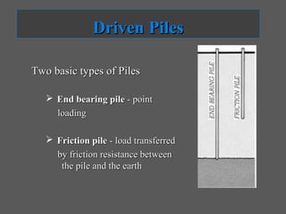 Driven Piles

Two basic types of Piles

    End bearing pile - point
     loading

    Friction pile - load transferred
     by friction resistance between
      the pile and the earth
 