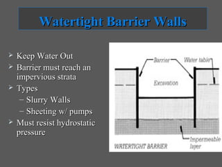 Watertight Barrier Walls

   Keep Water Out
   Barrier must reach an
    impervious strata
   Types
     – Slurry Walls
     – Sheeting w/ pumps
   Must resist hydrostatic
    pressure
 