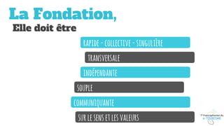 La Fondation,
	 Elle doit être	
rapide-collective-singulière
transversale
indépendante
souple
communiquante
surlesensetlesvaleurs
 