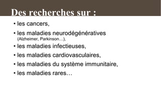 Des recherches sur :
• les cancers,
• les maladies neurodégénératives
 (Alzheimer, Parkinson…),
• les maladies infectieuses,
• les maladies cardiovasculaires,
• les maladies du système immunitaire,
• les maladies rares…
 