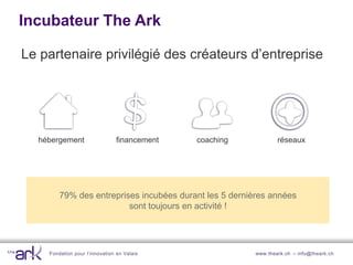 Incubateur The Ark

Le partenaire privilégié des créateurs d’entreprise




  hébergement                  financement   coaching           réseaux




        79% des entreprises incubées durant les 5 dernières années
                         sont toujours en activité !




    Fondation pour l’innovation en Valais               www.theark.ch – info@theark.ch
 