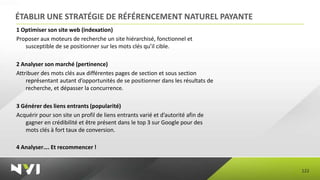 ÉTABLIR UNE STRATÉGIE DE RÉFÉRENCEMENT NATUREL PAYANTE
1 Optimiser son site web (indexation)
Proposer aux moteurs de recherche un site hiérarchisé, fonctionnel et
   susceptible de se positionner sur les mots clés qu’il cible.

2 Analyser son marché (pertinence)
Attribuer des mots clés aux différentes pages de section et sous section
    représentant autant d’opportunités de se positionner dans les résultats de
    recherche, et dépasser la concurrence.

3 Générer des liens entrants (popularité)
Acquérir pour son site un profil de liens entrants varié et d’autorité afin de
   gagner en crédibilité et être présent dans le top 3 sur Google pour des
   mots clés à fort taux de conversion.

4 Analyser…. Et recommencer !


                                                                                 122
 