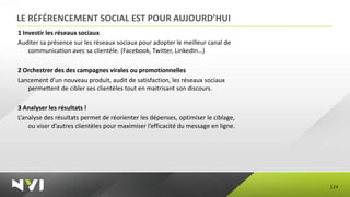 LE RÉFÉRENCEMENT SOCIAL EST POUR AUJOURD’HUI
1 Investir les réseaux sociaux
Auditer sa présence sur les réseaux sociaux pour adopter le meilleur canal de
    communication avec sa clientèle. (Facebook, Twitter, LinkedIn…)

2 Orchestrer des des campagnes virales ou promotionnelles
Lancement d’un nouveau produit, audit de satisfaction, les réseaux sociaux
   permettent de cibler ses clientèles tout en maitrisant son discours.

3 Analyser les résultats !
L’analyse des résultats permet de réorienter les dépenses, optimiser le ciblage,
    ou viser d’autres clientèles pour maximiser l’efficacité du message en ligne.




                                                                                    124
 