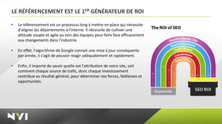 LE RÉFÉRENCEMENT EST LE 1ER GÉNÉRATEUR DE ROI

•   Le référencement est un processus long à mettre en place qui nécessite
    d'aligner les départements à l'interne. Il nécessite de cultiver une
    attitude souple et agile au sein des équipes pour faire face efficacement
    aux changements dans l'industrie.

•   En effet, l'algorithme de Google connait une mise à jour conséquente
    par année, il s'agit de pouvoir réagir adéquatement et rapidement.

•   Enfin, il importe de savoir quelle est l'attribution de votre site, soit
    comment chaque source de trafic, donc chaque investissement
    contribue au résultat général, pour déterminer vos forces, faiblesses et
    opportunités.
 