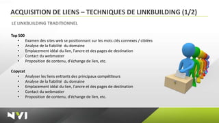 ACQUISITION DE LIENS – TECHNIQUES DE LINKBUILDING (1/2)
LE LINKBUILDING TRADITIONNEL

Top 500
   • Examen des sites web se positionnant sur les mots clés connexes / ciblées
   • Analyse de la fiabilité du domaine
   • Emplacement idéal du lien, l'ancre et des pages de destination
   • Contact du webmaster
   • Proposition de contenu, d'échange de lien, etc.

Copycat
   • Analyser les liens entrants des principaux compétiteurs
   • Analyse de la fiabilité du domaine
   • Emplacement idéal du lien, l'ancre et des pages de destination
   • Contact du webmaster
   • Proposition de contenu, d'échange de lien, etc.
 