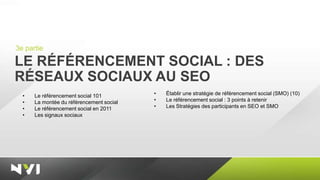 3e partie

LE RÉFÉRENCEMENT SOCIAL : DES
RÉSEAUX SOCIAUX AU SEO
  •   Le référencement social 101         •   Établir une stratégie de référencement social (SMO) (10)
  •   La montée du référencement social   •   Le référencement social : 3 points à retenir
  •   Le référencement social en 2011     •   Les Stratégies des participants en SEO et SMO
  •   Les signaux sociaux
 