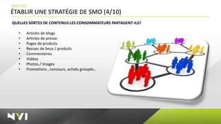 SMO 101
ÉTABLIR UNE STRATÉGIE DE SMO (4/10)
QUELLES SORTES DE CONTENUS LES CONSOMMATEURS PARTAGENT-ILS?

   •   Articles de blogs
   •   Articles de presse
   •   Pages de produits
   •   Revues de lieux / produits
   •   Commentaires
   •   Vidéos
   •   Photos / Images
   •   Promotions , concours, achats groupés…
 