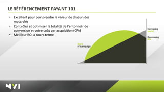 LE RÉFÉRENCEMENT PAYANT 101
• Excellent pour comprendre la valeur de chacun des
  mots-clés
• Contrôler et optimiser la totalité de l'entonnoir de
  conversion et votre coût par acquisition (CPA)
• Meilleur ROI à court-terme
 
