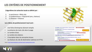 LES CRITÈRES DE POSITIONNEMENT
    L’algorithme de recherche locale se définit par :

    1.     La pertinence = Mots clés
    2.     La prédominance = Popularité (avis, citations)
    3.     La distance = Distance

Les critères de positionnement local sont :

•        Une fiche d’entreprise dûment remplie
•        La présence de mots clés dans la page
•        Le nombre d’avis
•        Le nombre de citations
•        L’inscription dans les annuaires locaux
•        Les facteurs du site de destination (adresse et # TEL)
Source: http://www.davidmihm.com/local-search-ranking-factors.shtml
 